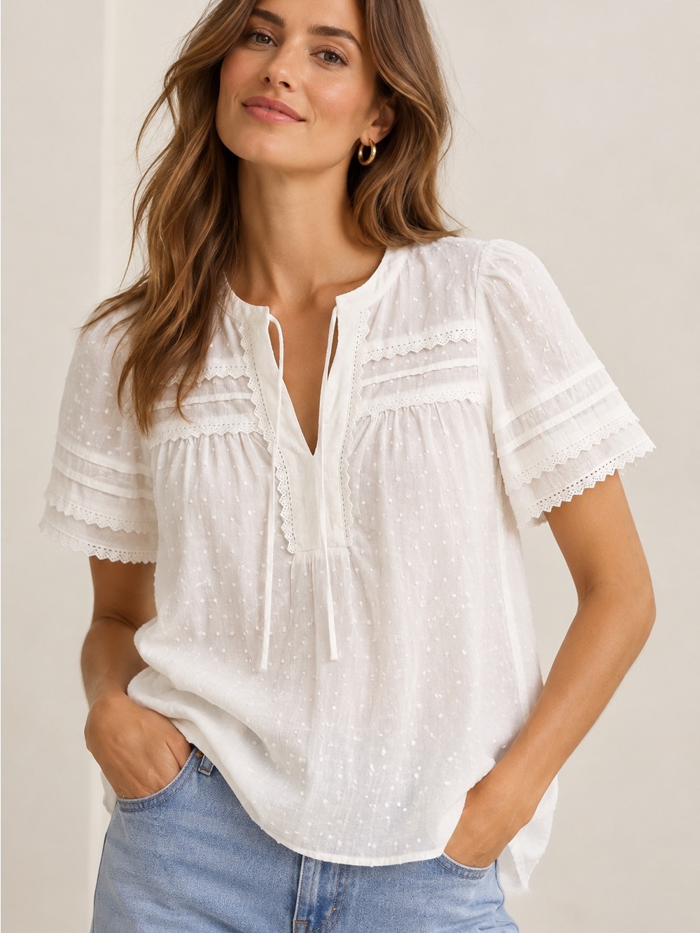LOFT White Swiss Dot Lace Trim Cotton Boho Blouse Top S